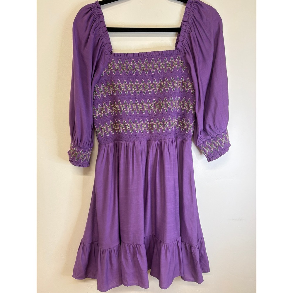 Jade Melody Tam Purple Smocked Embroidered Mini Dress Pockets Long Sleeve Medium